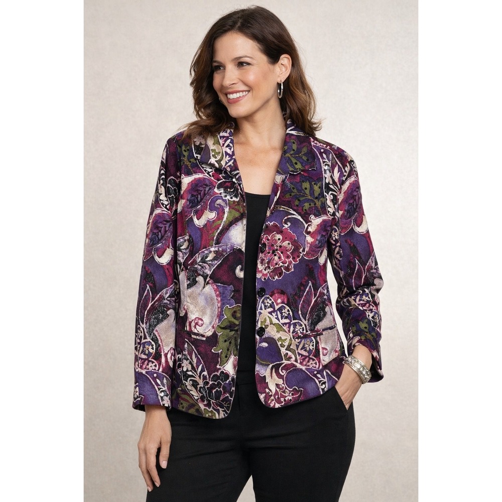 Chico's Embellished Jacket Size 1‎ (L) Floral Velvet Look Blazer Vibrant Colors